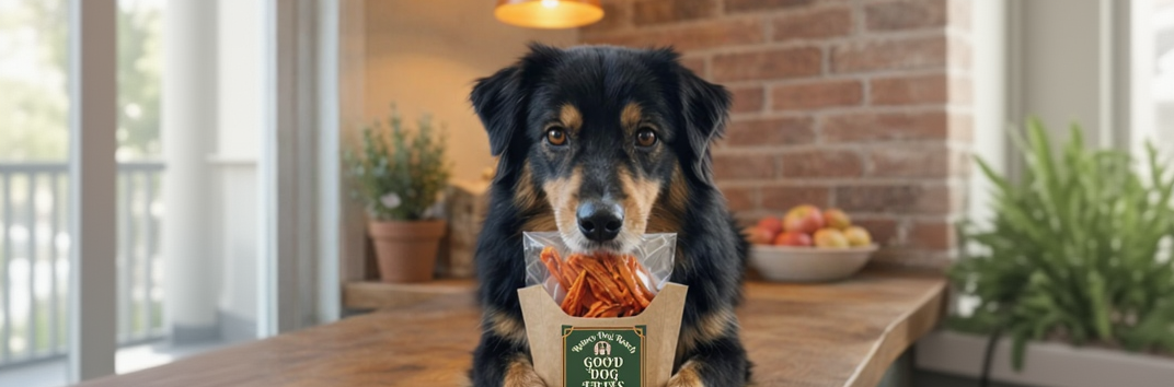 Dog sitting on a table with a bag of Good dog fry dog treats in front of a brick wall.
