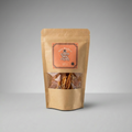 Kraft paper packaging with a brand label on a gray background