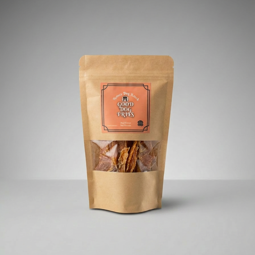 Kraft paper packaging with a brand label on a gray background