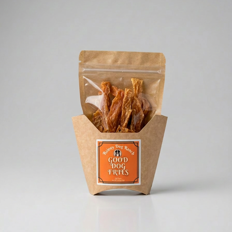 Kraft paper packaging with clear window displaying dog treats on a gray background