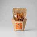 Kraft paper packaging with clear window displaying dog treats on a gray background