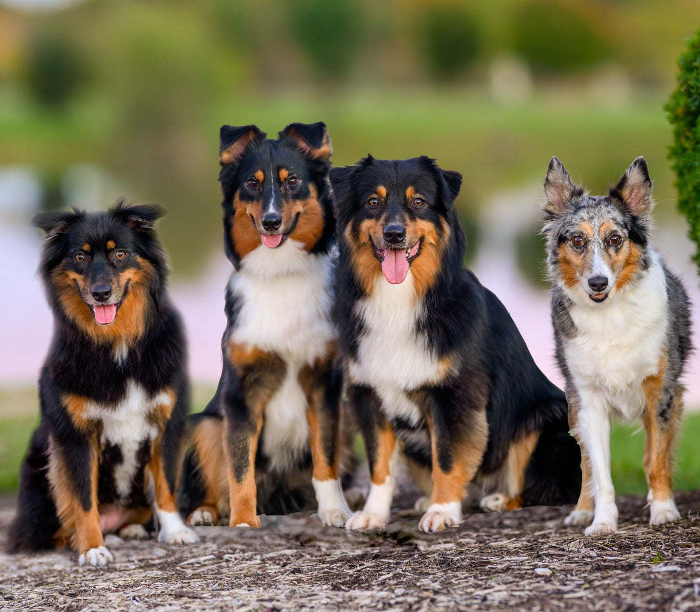 Four Australian shepherd dogs standing together outdoors with a blurred natural background
