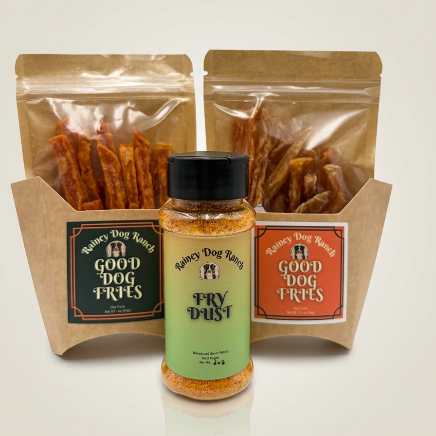 Two packages of 'Good Dog Fries' and a bottle of 'Fry Dust' from Ralley's Dog Ranch on a light background.