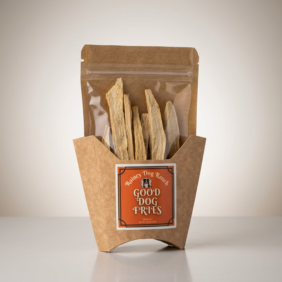 Kraft paper packaging with dog treats and a visible label on a neutral background