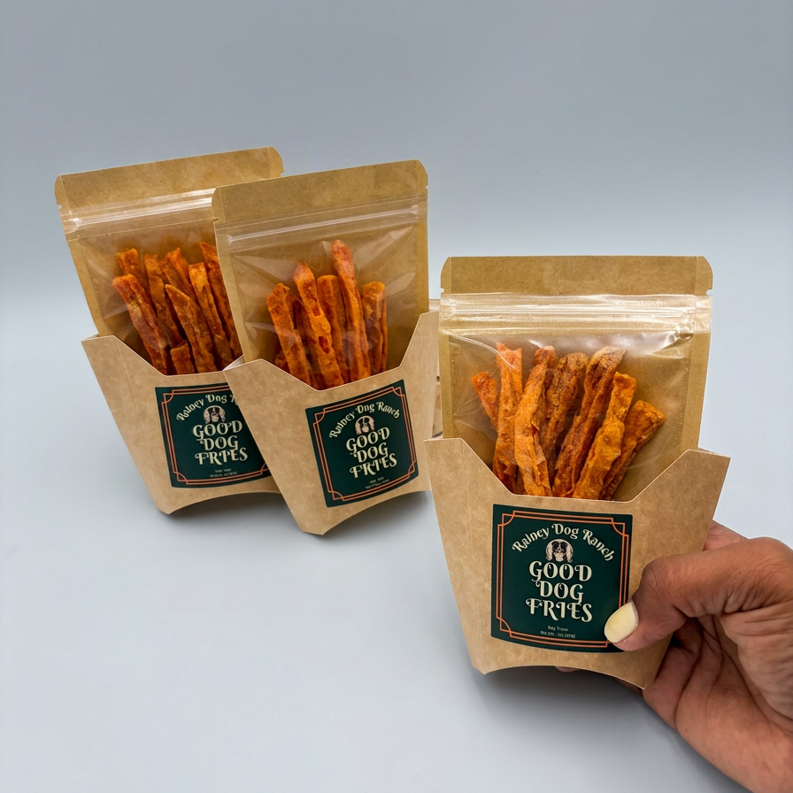 Three packages of 'A Good Dog Treats' with dog treats inside on a light gray background.