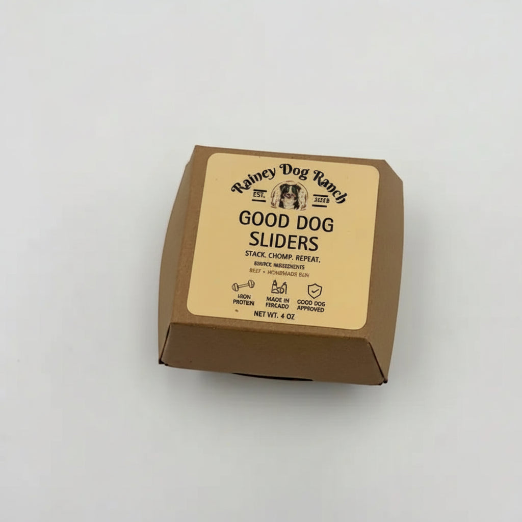 A square brown cardboard box for 'Rainey Dog Ranch Good Dog Sliders' on a plain white background.
