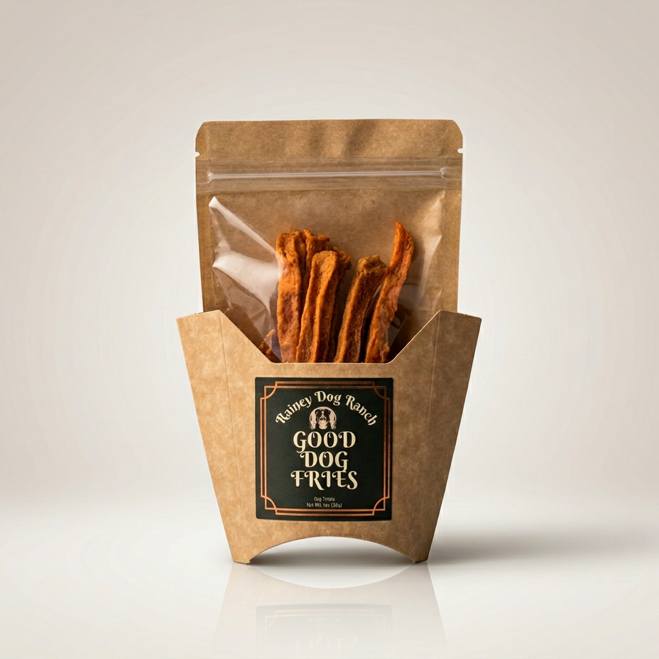 Kraft paper packaging with 'Good Dog Fries' on a white background